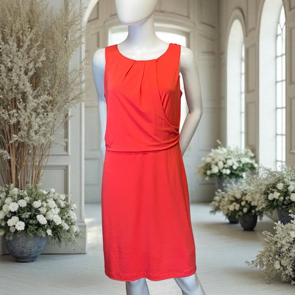 Relativity Women's Bright Coral Sleeveless Shift Dress Faux Wrap Waist Sz Medium